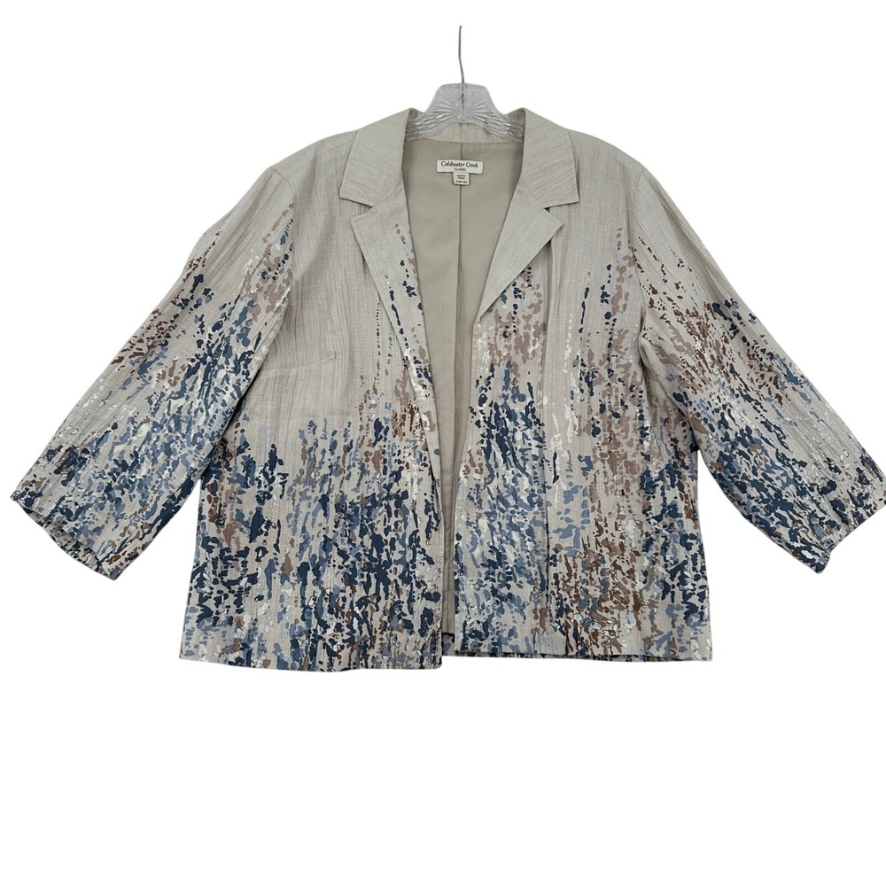 Coldwater Creek Jacket  L 100% Linen Beige Blue Brown Abstract Print Business
